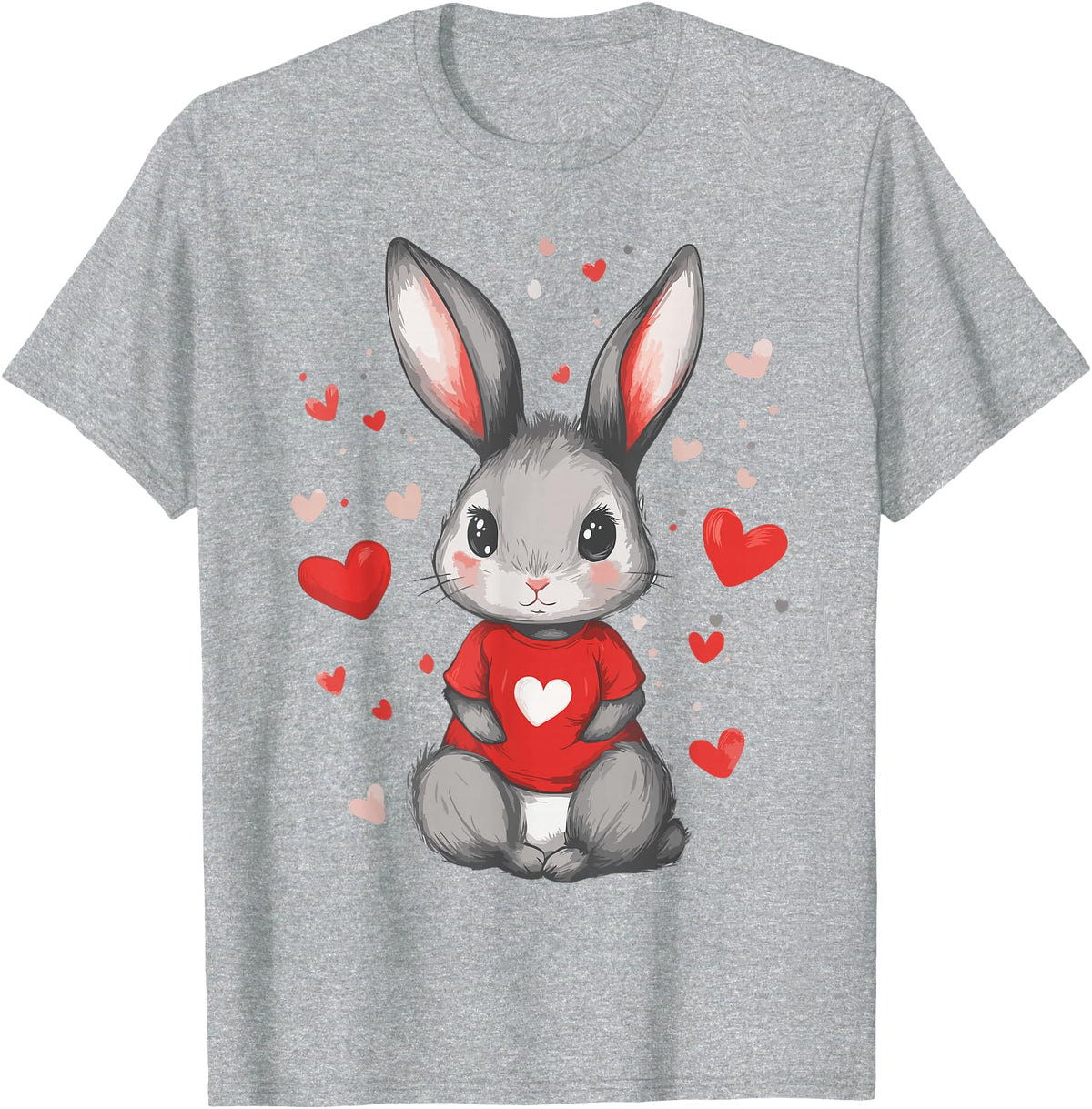 Rabbit Lover Heart Girls Valentine’s Day Women Bunny T-Shirt in Heather Grey