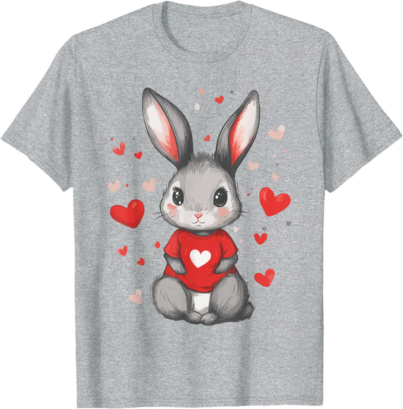 Rabbit Lover Heart Girls Valentine’s Day Women Bunny T-Shirt in Heather Grey