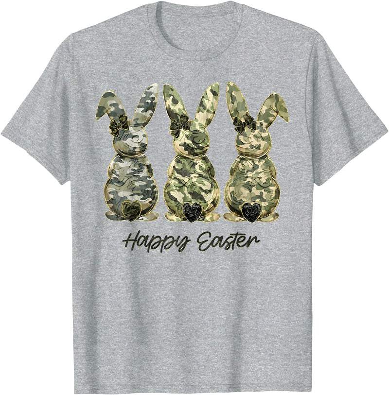Happy Easter Camo Bunny Rabbit Coquette Bow Hunting Lover T-Shirt in Heather Grey