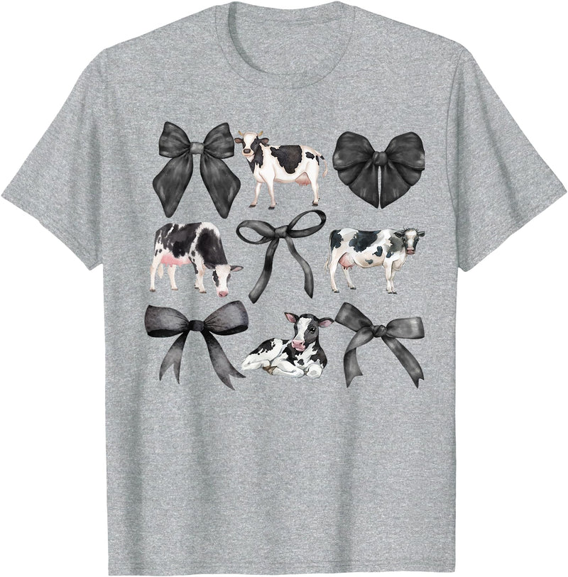 Kristen Michael Coquette Cows, Cows and Bows, Watercolor, Holsteins T-Shirt, Small, Grey - Heather Grey