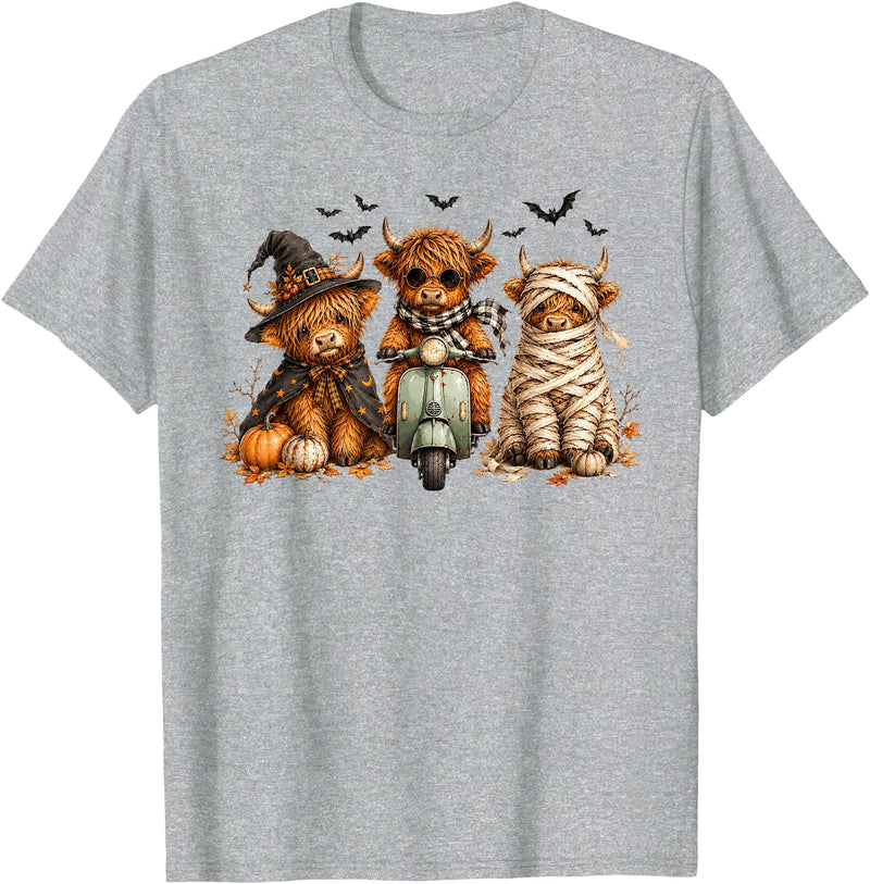 Fluffy Bovine Designs Cute Highland Cow Halloween Trio Spooky Fun T-Shirt - Heather Grey
