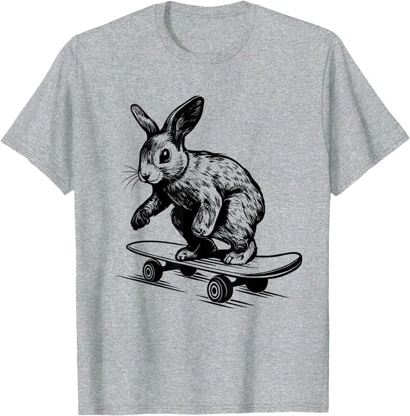 Rabbit Lover Bunny on Skateboard Easter Rabbit T-Shirt in Heather Grey