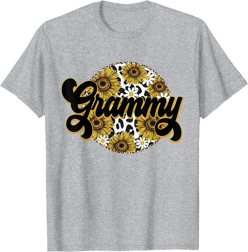 Mothers Day Outfits Women Cute Grammy Cow Print Sunflower Leapard Grandma Mother's day T-Shirt - Heather Grey