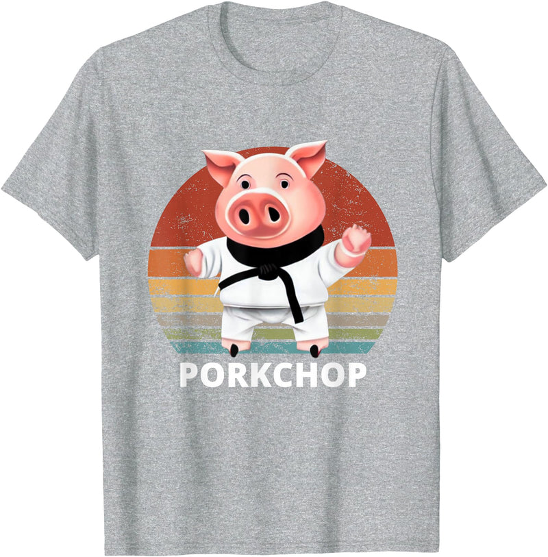 Animals Puns Pig Karate Pork Chop Pun T-Shirt - Heather Grey