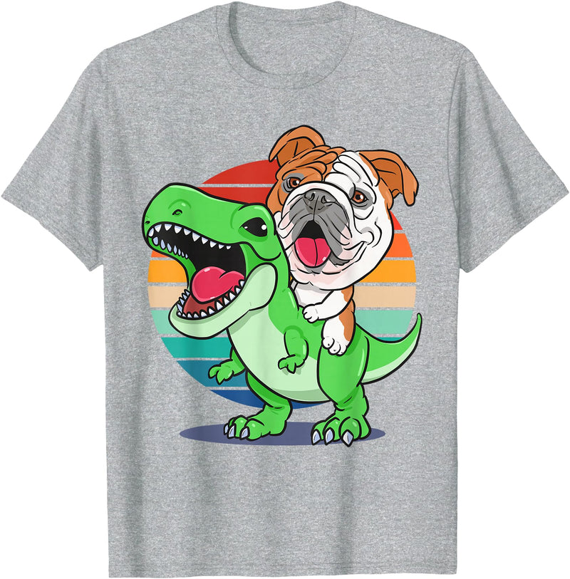 English Bulldog Funny Dinosaur Kids Mom Gift Tees Funny English Bulldog Riding Cute T-Rex Dinosaur Dog Mom T-Shirt - Heather