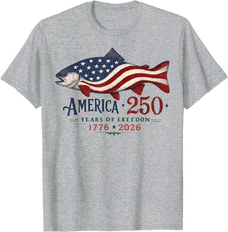 250 America Years 1776 2026 Fishing USA Flag Fisherman T-Shirt - Heather Grey