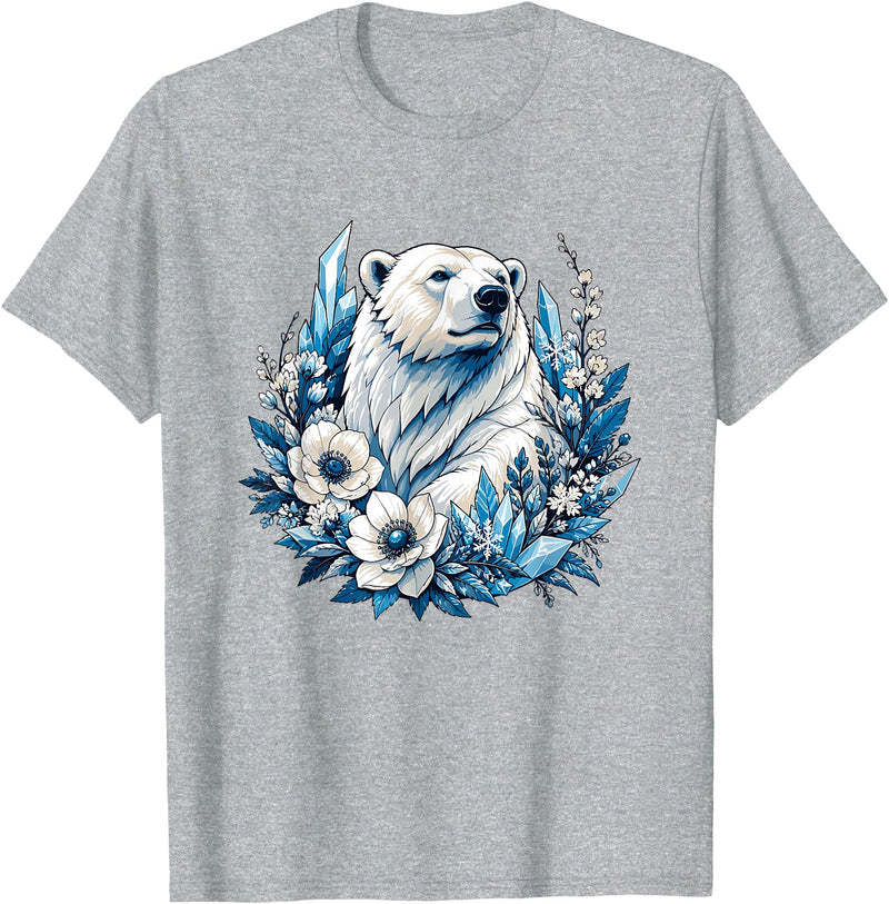 Arctic Polar Bear Floral Crystal Nature Winter Wildlife Polar Bear with Ice Flowers T-Shirt - Heather Grey