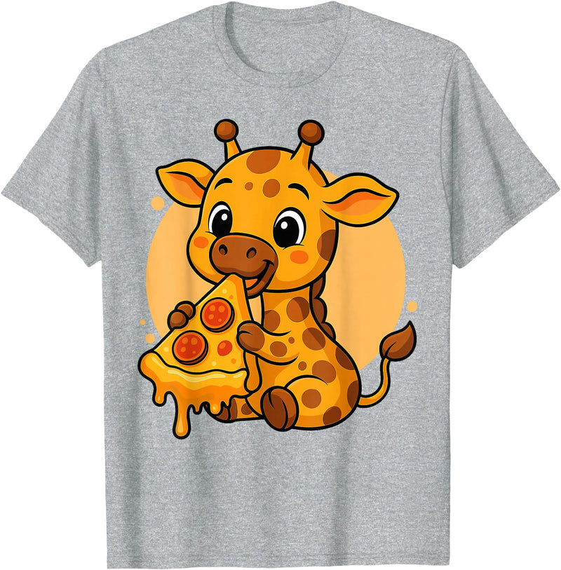 Giraffe Eating Pizza Graphic Design Funny Giraffe Eating Pizza Graphic Boys Girls Giraffe Lover T-Shirt - Heather Grey