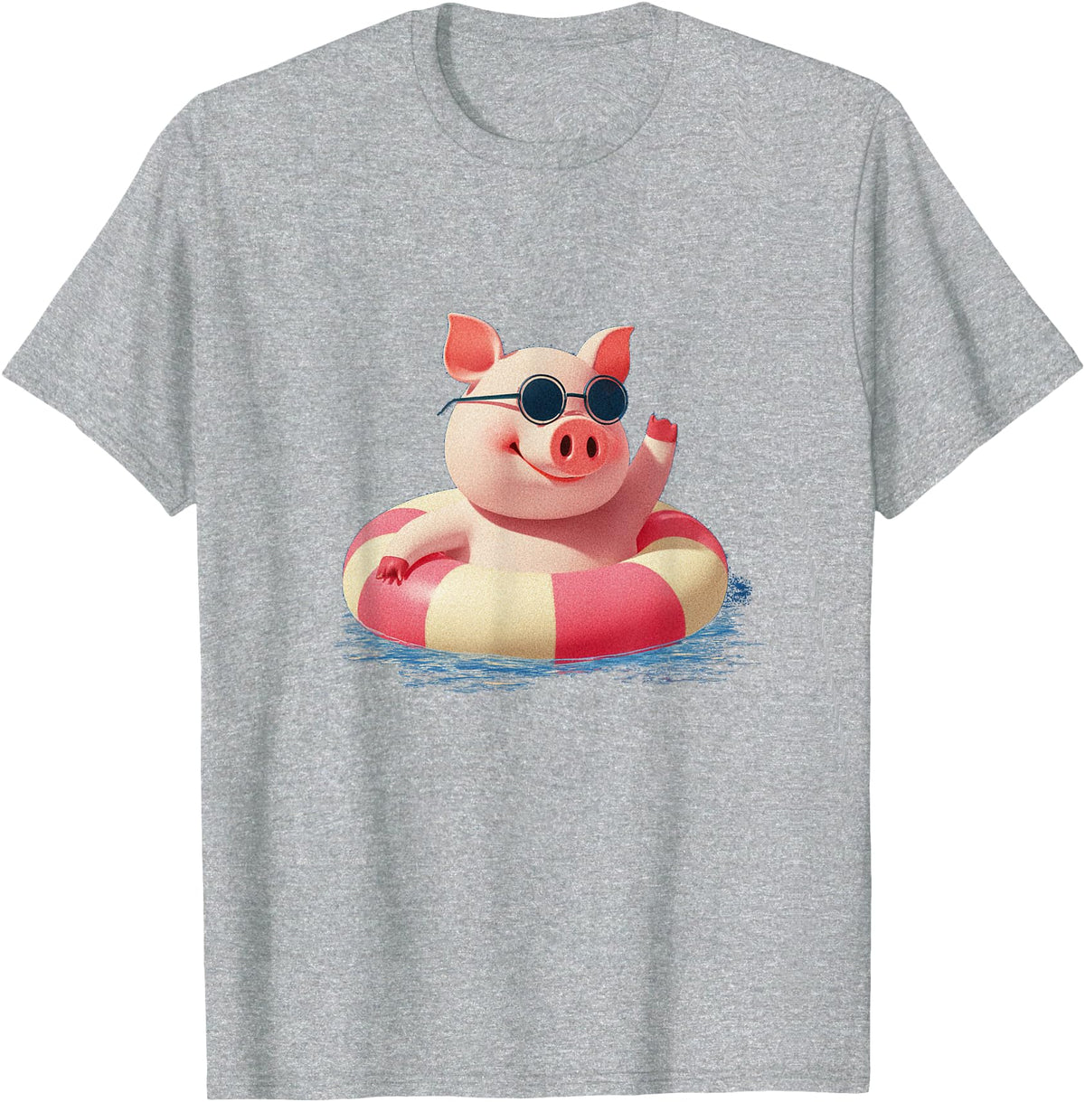 Vacation Pig Outfit Pig Sunglasses Graphic with Beach Ring T-Shirt - Heather Grey