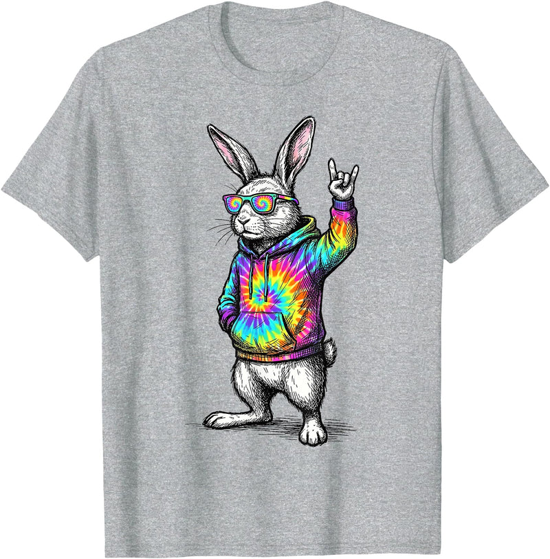 Cute Easter Bunny Rock Rabbit Sunglasses Happy Easter T-Shirt in Heather Grey