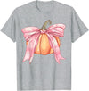 Coquette Halloween Tees NYC Coquette Autumn Pumpkin Pink Bow Girly Halloween Fall Women T-Shirt - Heather Grey