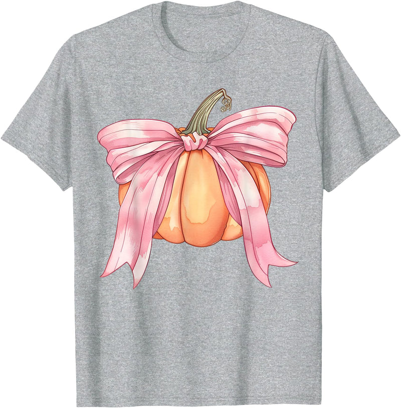 Coquette Halloween Tees NYC Coquette Autumn Pumpkin Pink Bow Girly Halloween Fall Women T-Shirt - Heather Grey