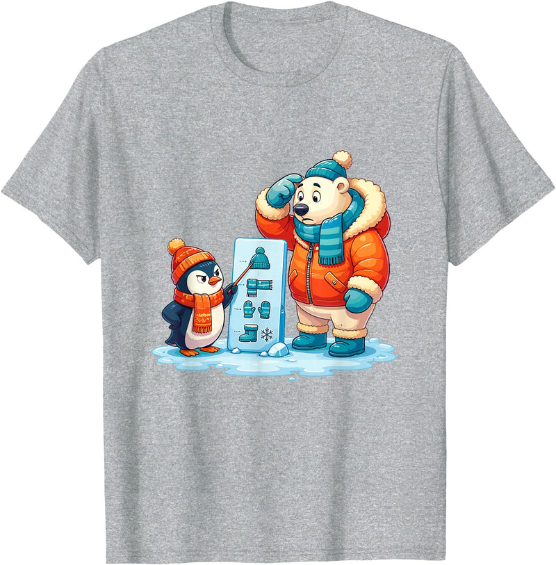 Cute Winter Penguin Polar Bear Humor Funny Penguin Teaching Polar Bear Winter T-Shirt - Heather Grey