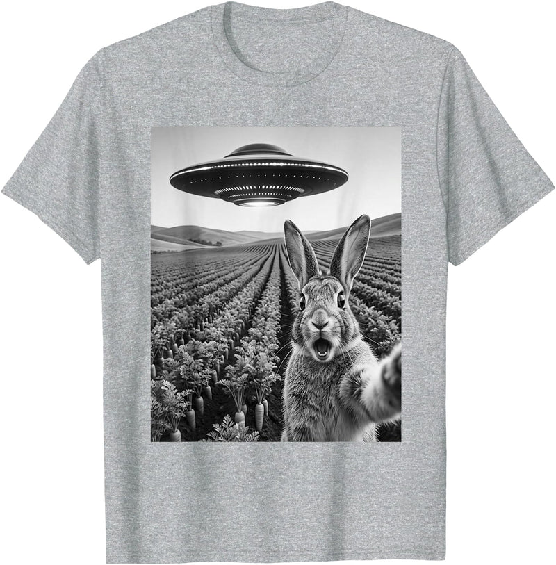 Rabbit Selfie with Alien UFO Funny Rabbit Lover Men Women T-Shirt in Heather Grey