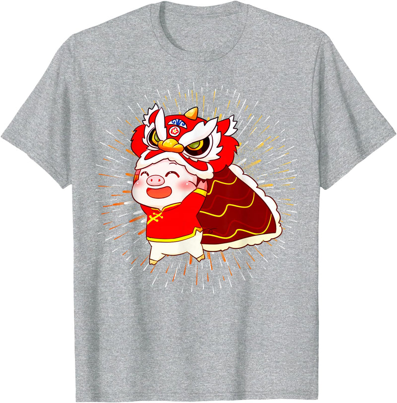 Funny Pig Chinese New Year Celebration Funny Pig Chinese New Year Lion Dancing Piggy T-Shirt - Heather Grey