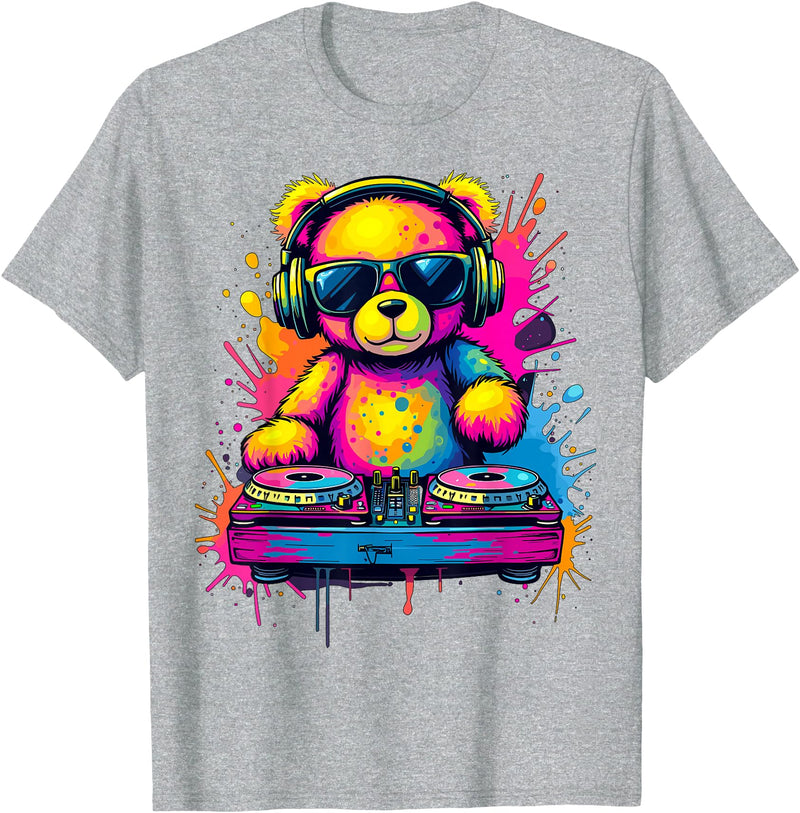 Magical and Funny DJ Gifts Colorful DJ Teddy Bear T-Shirt, Unisex-Kids, Black, Small, Long Sleeve, Classic Fit, Polyester 100% - Heather Grey