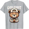 Christian Hip Hop Hustle Praying Teddy Bear Design God First Hip Hop Teddy Bear Cross Christian Streetwear Pray T-Shirt - Heather Grey
