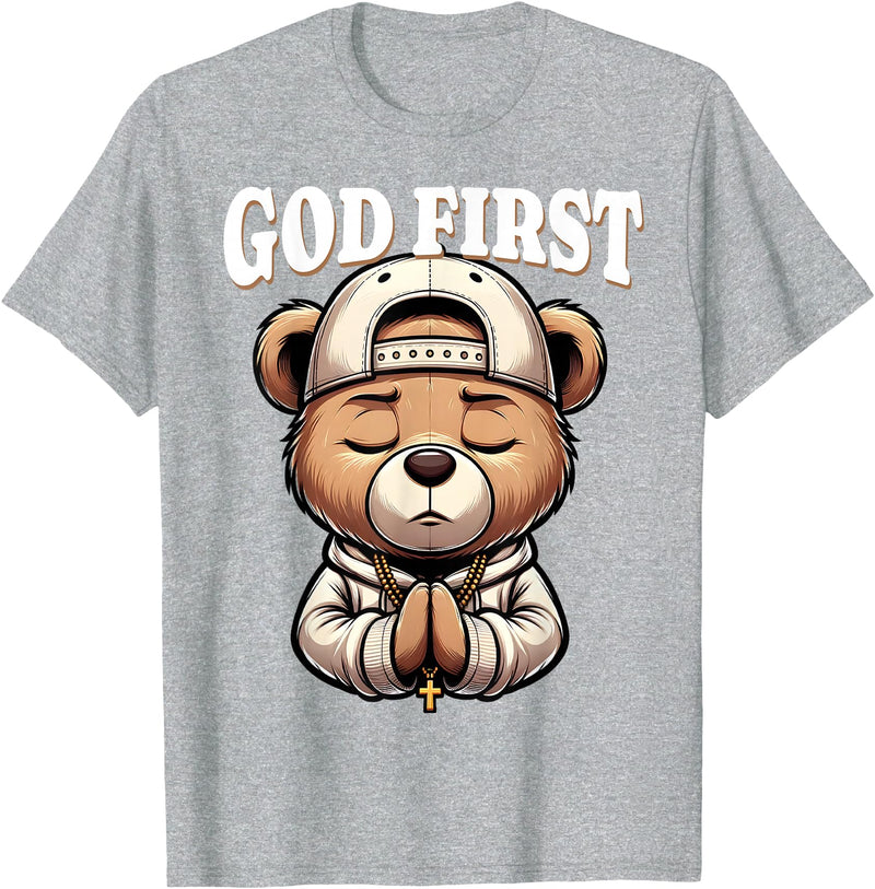 Christian Hip Hop Hustle Praying Teddy Bear Design God First Hip Hop Teddy Bear Cross Christian Streetwear Pray T-Shirt - Heather Grey