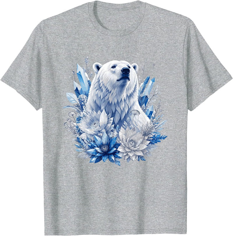 Arctic Polar Bear Crystal Flowers Nature Majestic Arctic Polar Bear with Ice Flowers Fantasy T-Shirt - Heather Grey