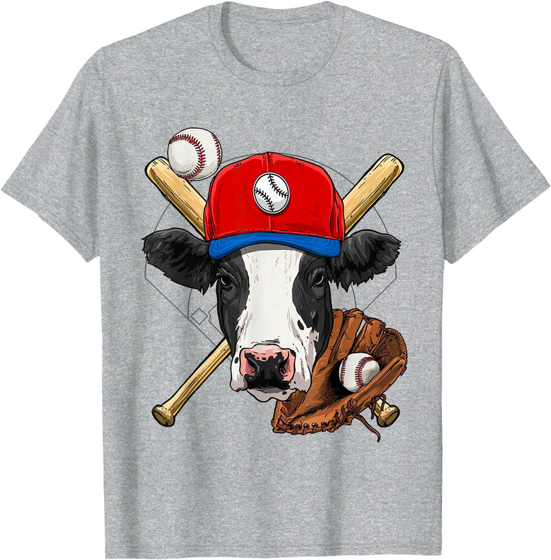 Wowsome! Cow Baseball Cow Lovers Baseball Player T-Shirt - Heather Grey