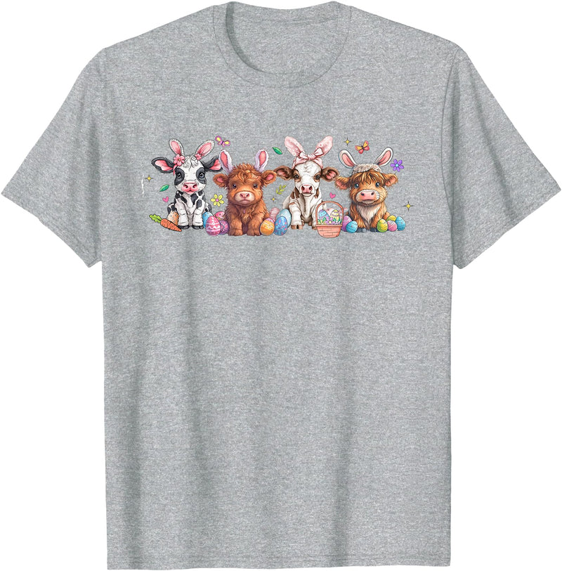 Highland Cow Easter Day Tee Women Highland Cow Bunny Easter Day Cute Cow Easter Day T-Shirt - Heather Grey