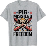 Pig Missiles and Freedom 4th of July USA BBQ Pig Missiles and Freedom 4th of July Patriotic Pig Rocket T-Shirt - Heather Grey