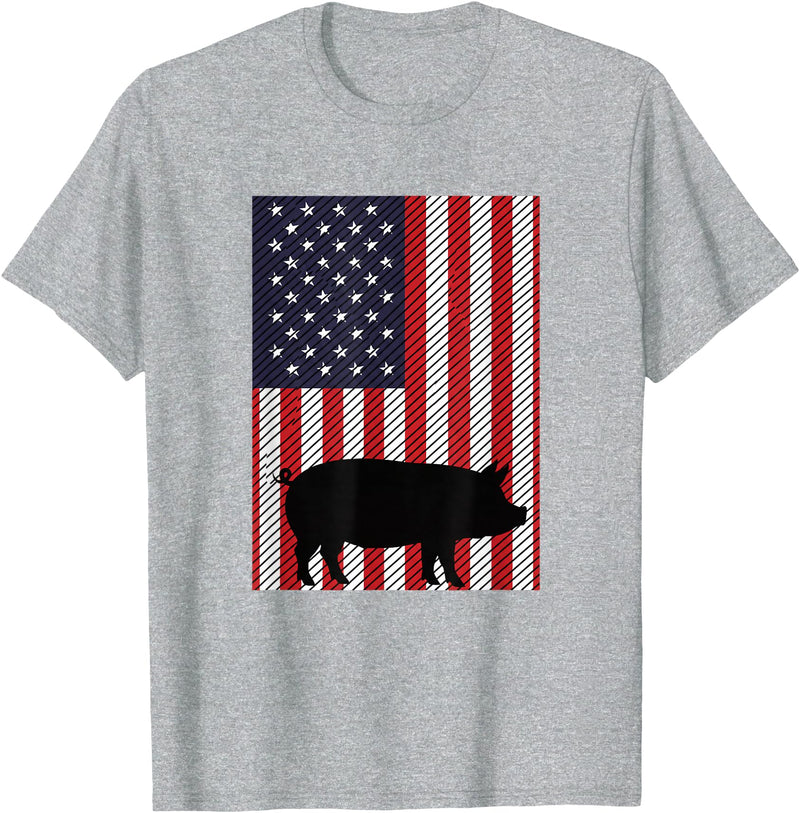 Farm Pig Patriotic United States Flag Kids Animal Patriotic Pig Silhouette American Flag Farm Kids Fourth T-Shirt - Heather Grey