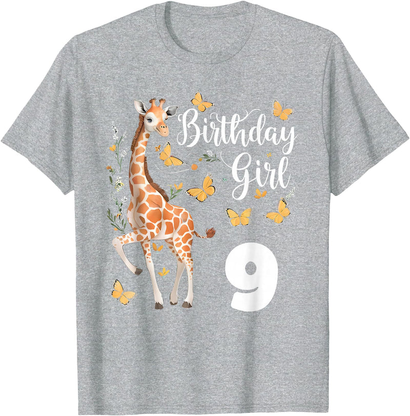 Giraffe Birthday Party by LazyPanda Giraffe 9th Birthday Girl 9 Years Old Giraffe Lover T-Shirt - Heather Grey