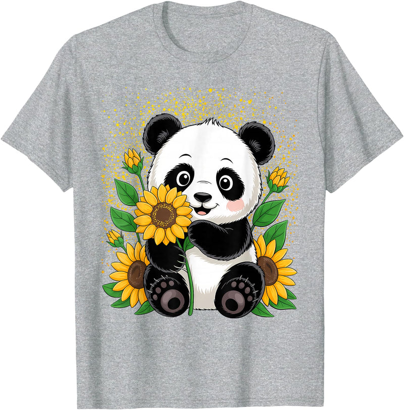 Panda Lover Gift Co. Panda Bear with Sunflowers, Panda Bear T-Shirt - Heather Grey