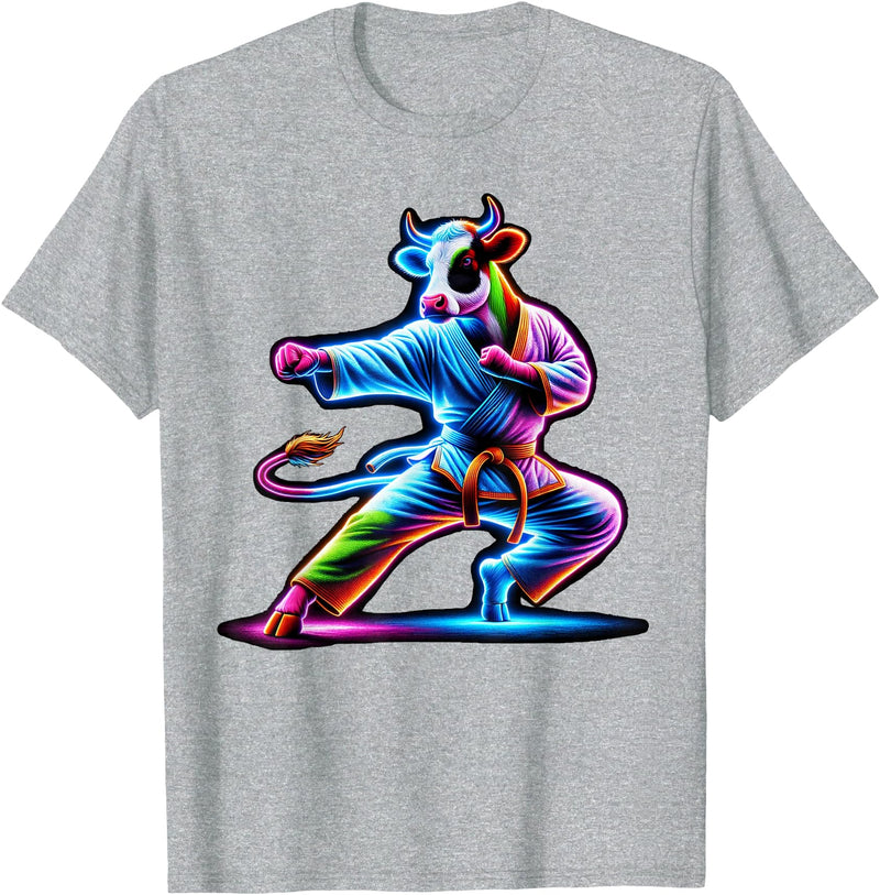 Cow Karate Black Belt Apparel Cow Karate Kick Punch Cute Funny Cool Martial Arts Cow T-Shirt - Heather Grey