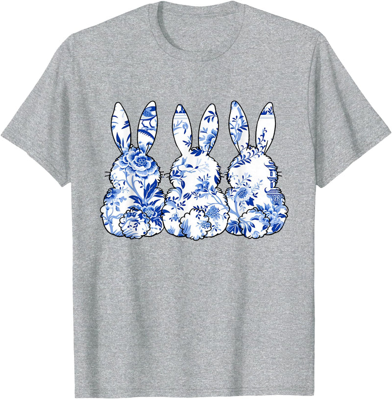 Chinoiserie Bunnies Blue and White Chinoiserie Florals Women T-Shirt in Heather Grey