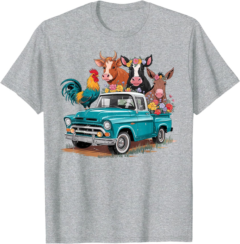 Farm Pickup Truck Farm animals Cow Girl Wife Tee Vintage Pickup Truck Farm Animals Rooster, Cow, Pig, Donkey T-Shirt -