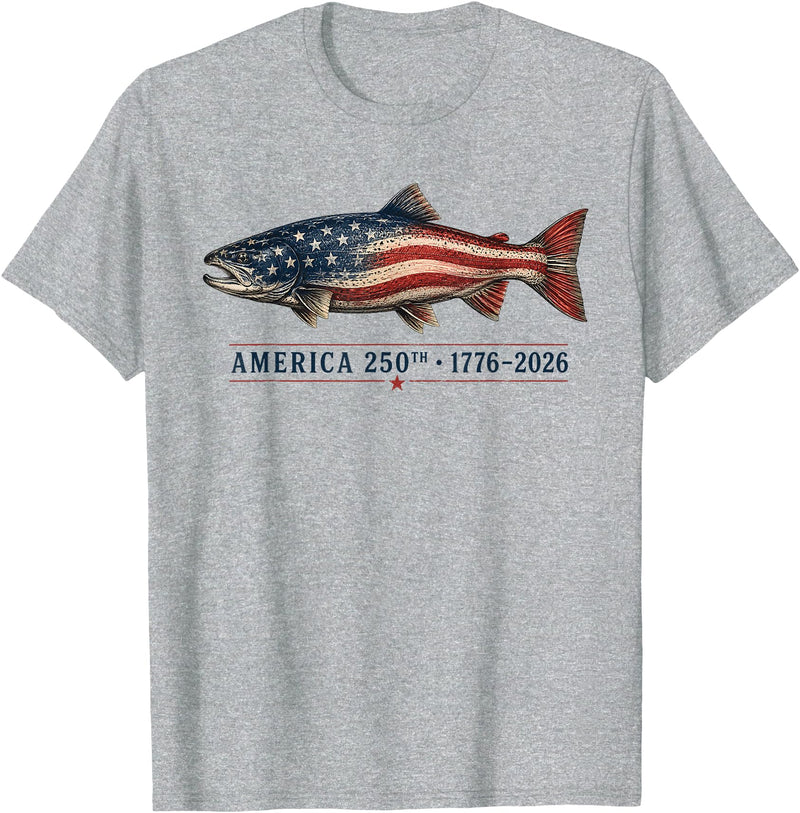 Fishing American Flag Tees for Men Women Kids Fishing America's 250th Birthday Fish 250 Anniversary USA T-Shirt - Heather Grey