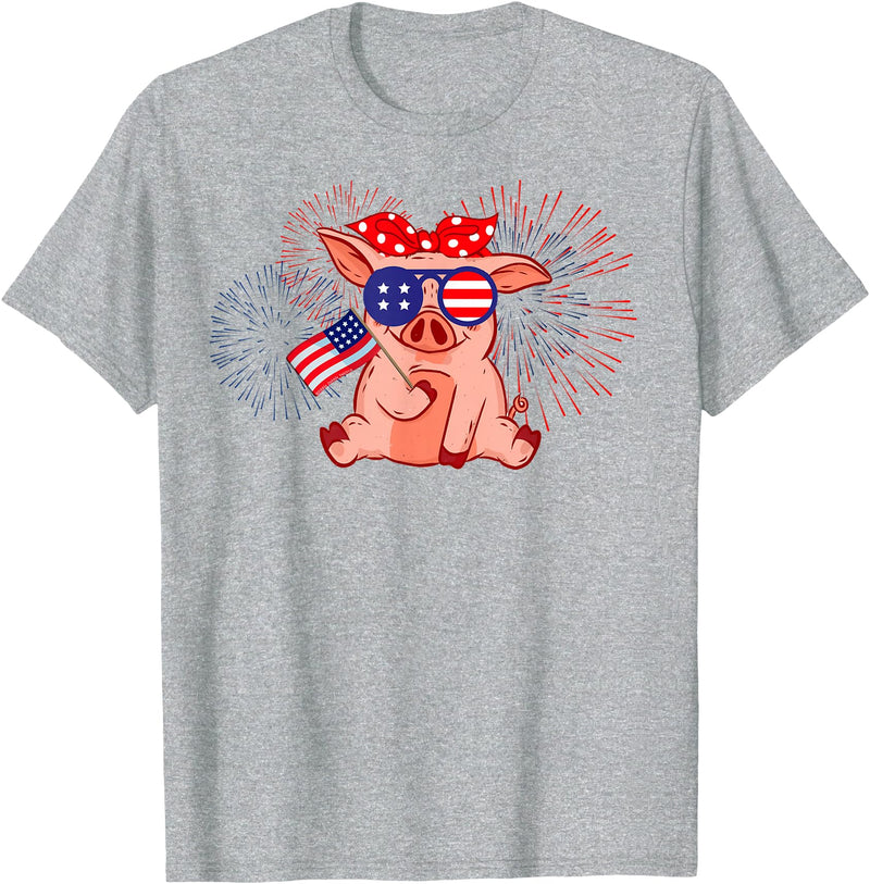 Your Country USA Dibble Dabble Designs Cute Patriotic Pig with Glasses and Flag - 4th of July T-Shirt - Heather Grey