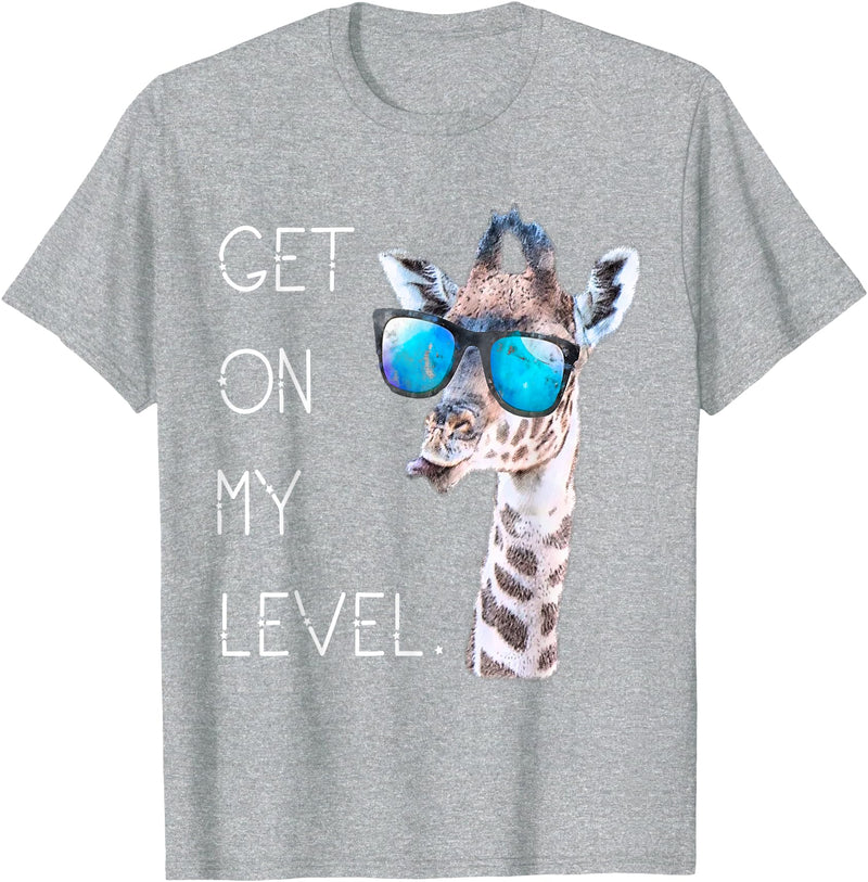 Funny Giraffe Zoo Tall Wildlife Tees & Gifts Get On My Level - Giraffe Glasses Giant Zoo Animal Saying T-Shirt - Heather Grey