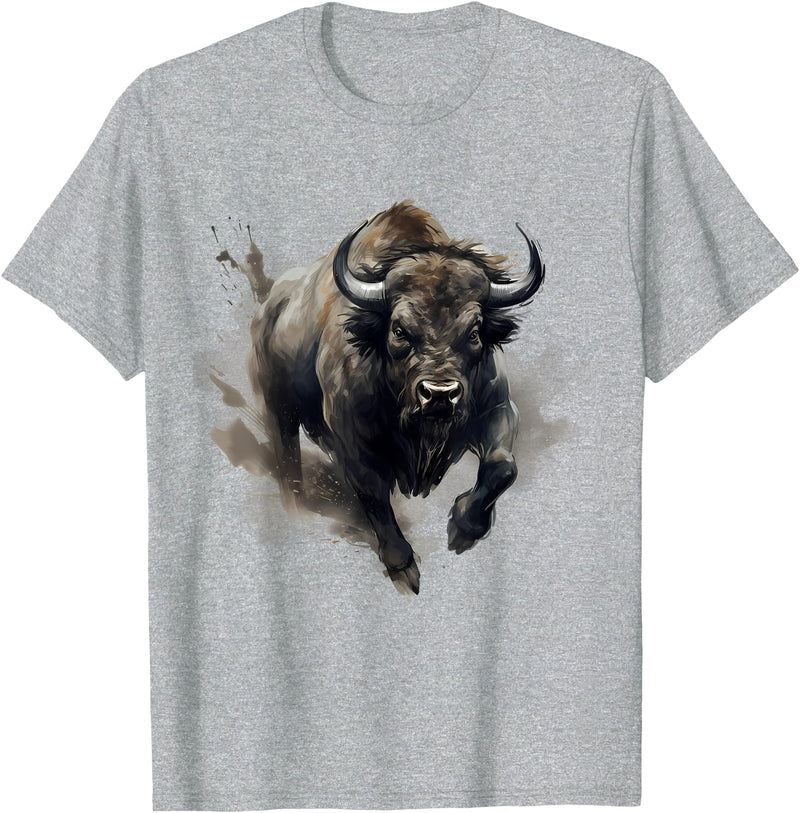 Safari Animal Art Buffalo Animal Print Splash Motif Bison Drawing Wildlife T-Shirt - Heather Grey
