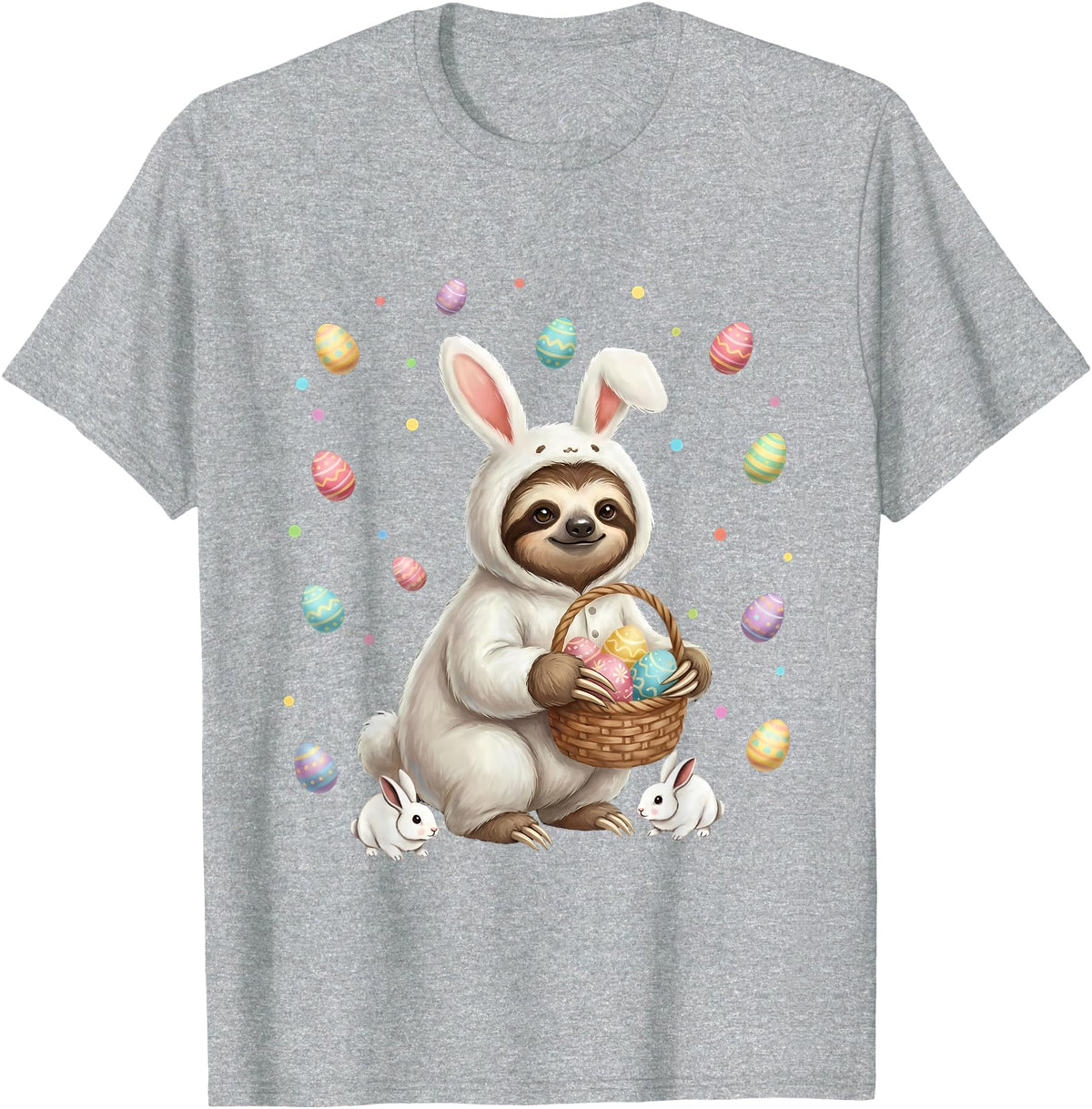 Cute Easter Bunny Rabbit with Eggs Whimsical Sloth Design T-Shirt in Heather Grey