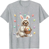 Cute Easter Bunny Rabbit with Eggs Whimsical Sloth Design T-Shirt in Heather Grey