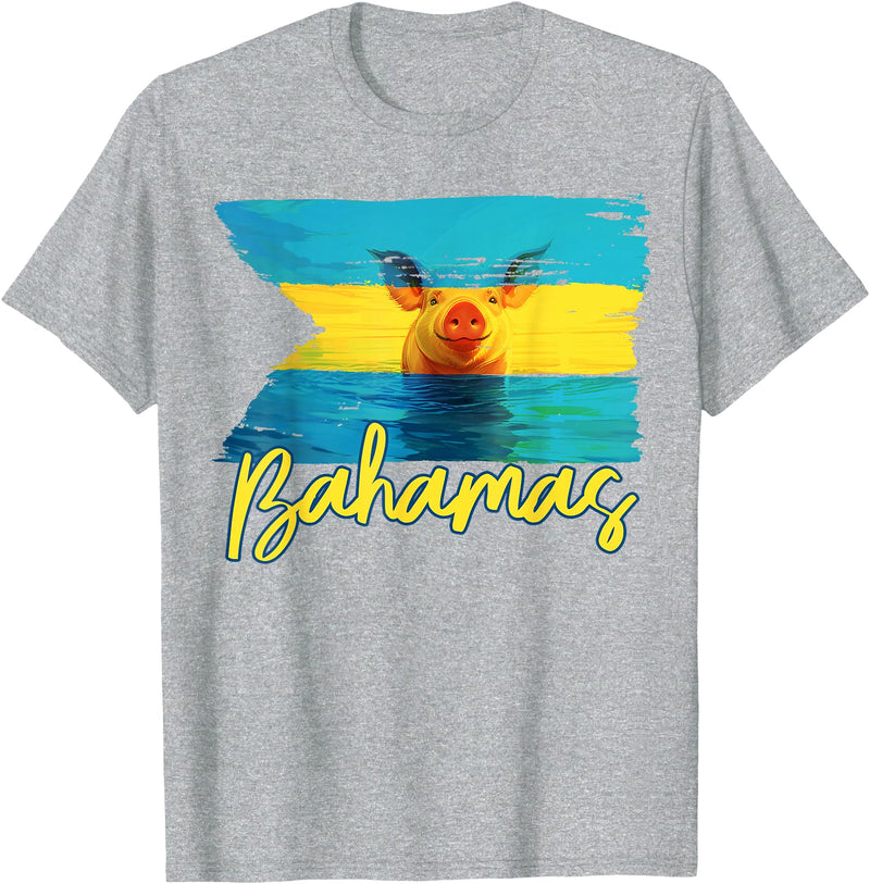 Swimming Pig Bahamas Beach Trips Bahamas Swimming Pig Flag Beach Caribbean Summer Vacation T-Shirt - Heather Grey