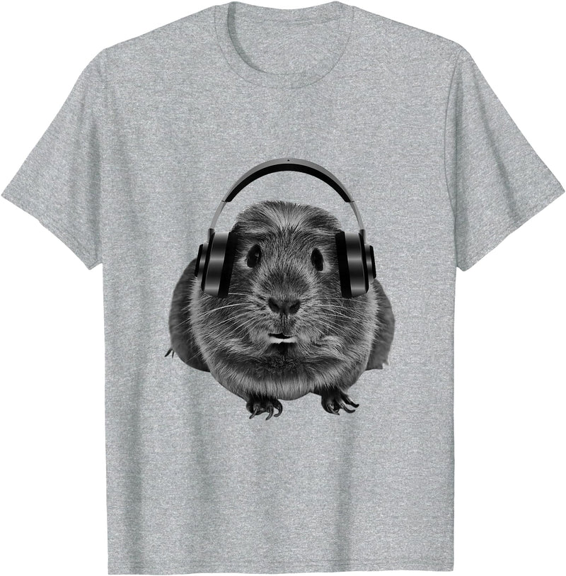 ROSS BOSS Funny Guinea Pig Graphic Tees Guinea Pig Shirt Headphones T-Shirt - Heather Grey