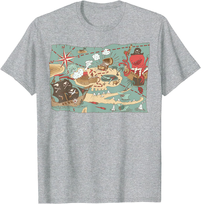 Mel & Bear Treasure Map Ship Sharks Pirates & Skulls Shirt Boys Kids T-Shirt - Heather Grey
