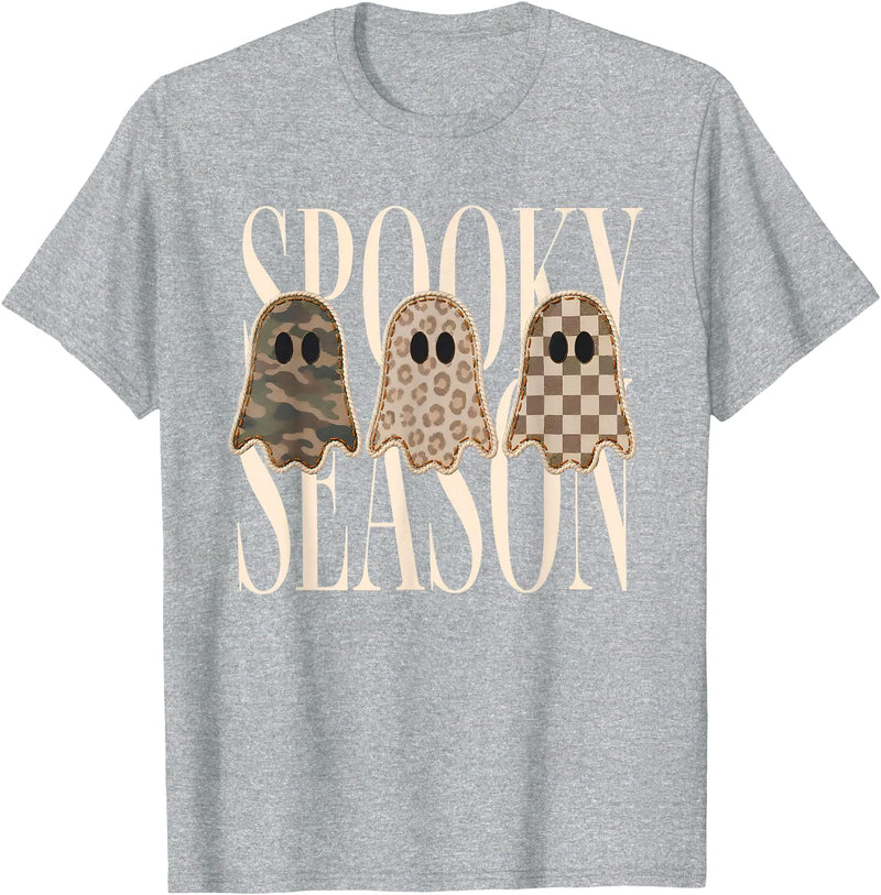Spooky Season Ghost Halloween Shirt Spooky Season Leopard Camo Checkered Ghost Halloween Fall T-Shirt - Heather Grey