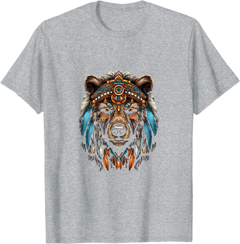 Native American Day American Indian Pride Bear Native American Indian Headdress Feather Tribal Bears T-Shirt - Heather Grey