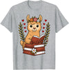 Bookworm Cute Llama Reading Book Llama Reading Book Graphic Llama with Book Floral T-Shirt - Heather Grey