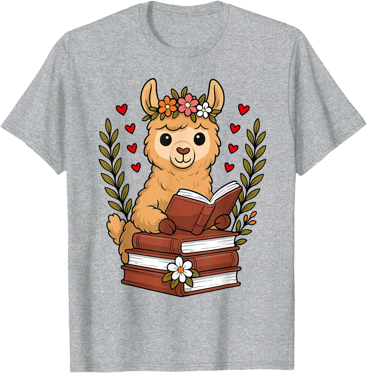 Bookworm Cute Llama Reading Book Llama Reading Book Graphic Llama with Book Floral T-Shirt - Heather Grey