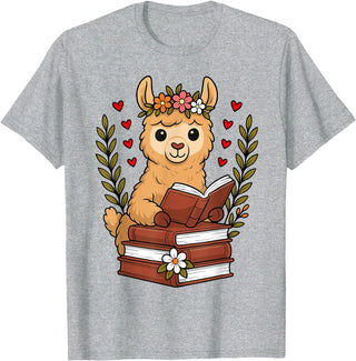 Bookworm Cute Llama Reading Book Llama Reading Book Graphic Llama with Book Floral T-Shirt - Heather Grey