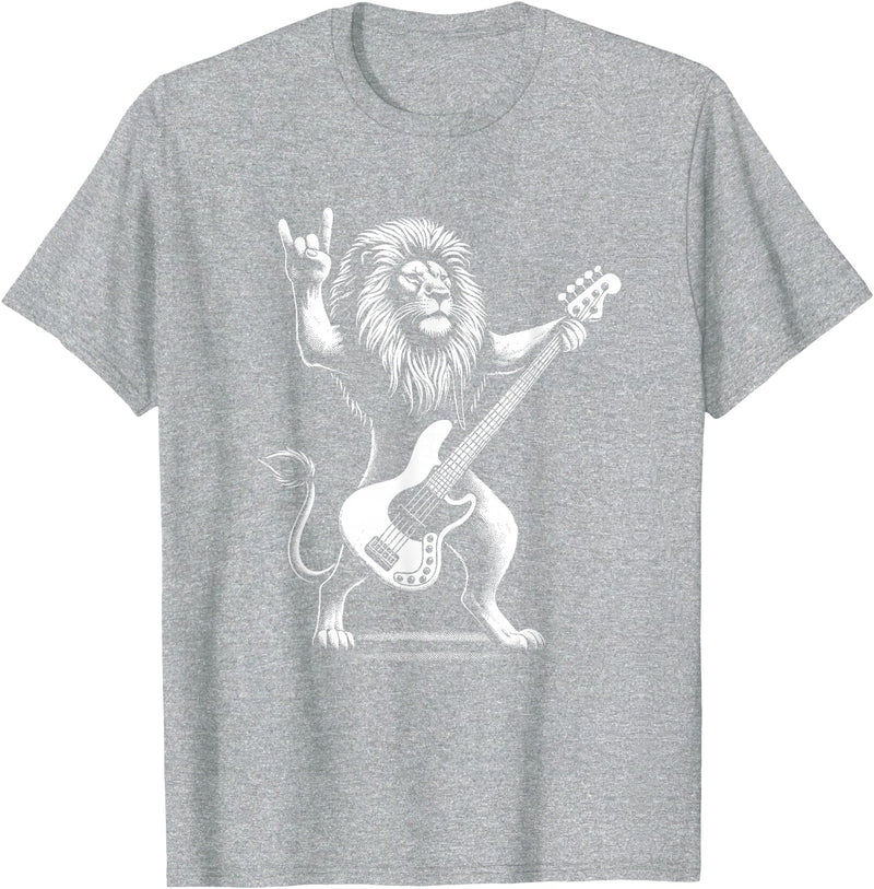 Funny Guitar Lion Lovers Costume for Guitarist Rock n Roll Lion Playing Guitar Funny Men Women Lion T-Shirt - Heather Grey