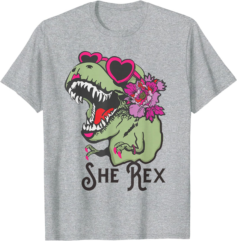 Girl T Rex Girl Dinosaur Flower Dino She Rex T-Shirt - Heather Grey