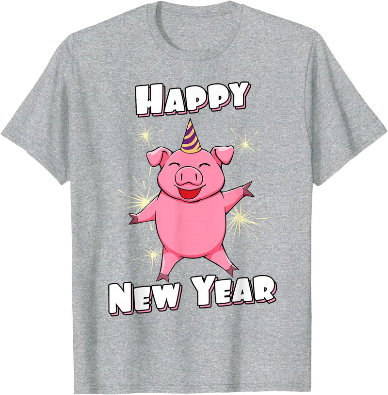 Funny New Year Outfit & New Year Gift Happy New Year Piggy Pig New Year Eve T-Shirt - Heather Grey