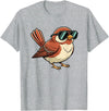 Chipper Feather Co Bird: Sparrow in Sunglasses, Cool Cartoon Avian Attitude T-Shirt - Heather Grey